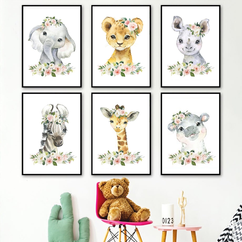 Baby Nursery Prints - Floral Jungle Animals Canvas Prints Nursery