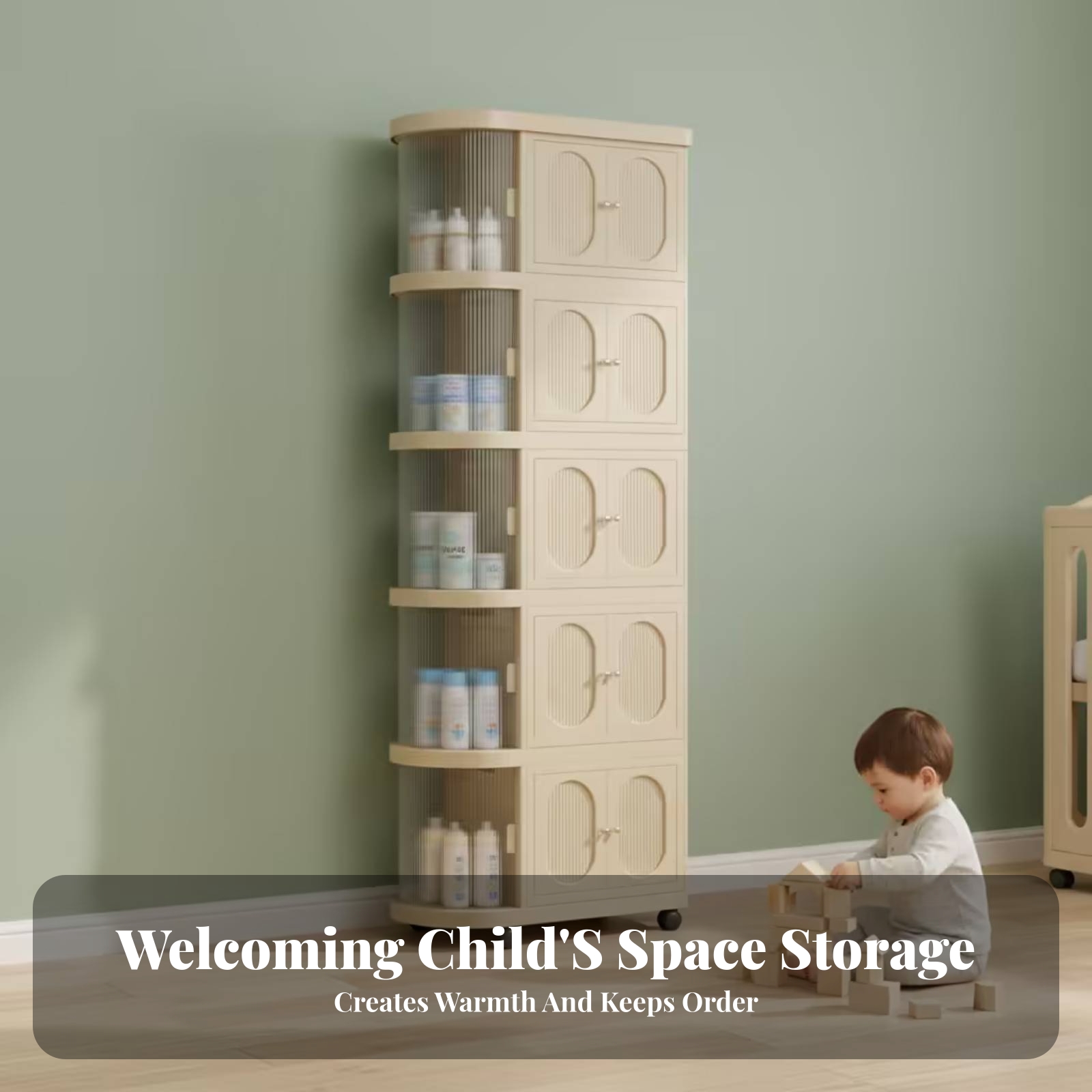 Baby Nursery Shelves - 5-Tier Baby Cabinet Warm Beige Rolling