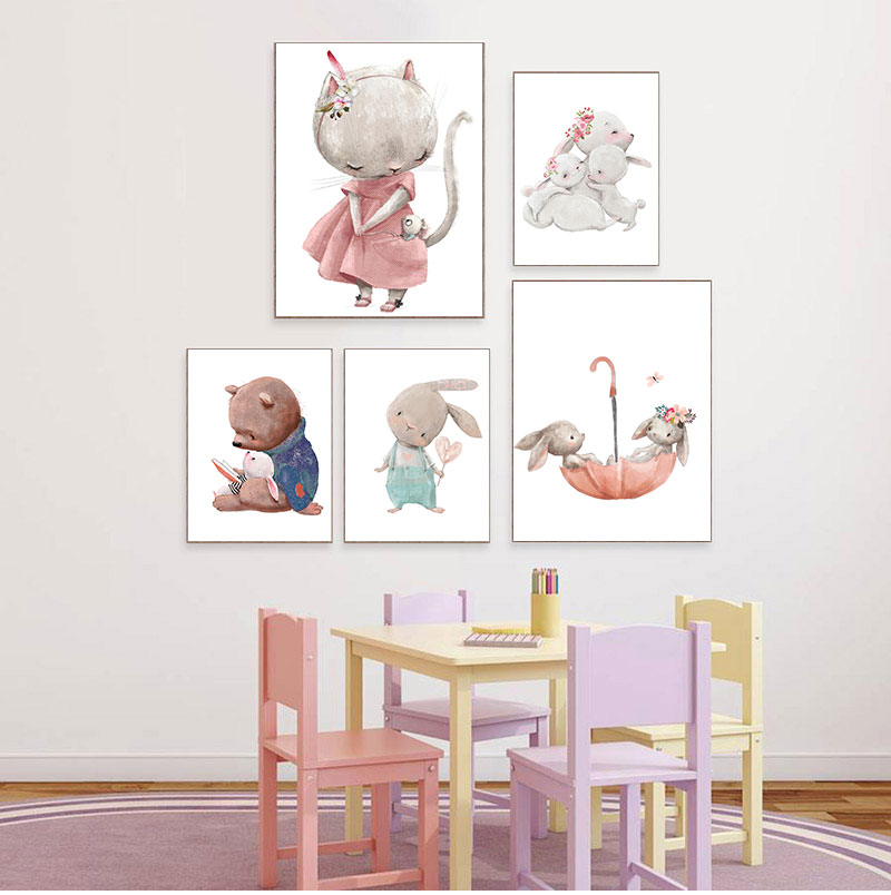 Baby Nursery Prints - 1PC frameless decorative art print,Bear Rabbit