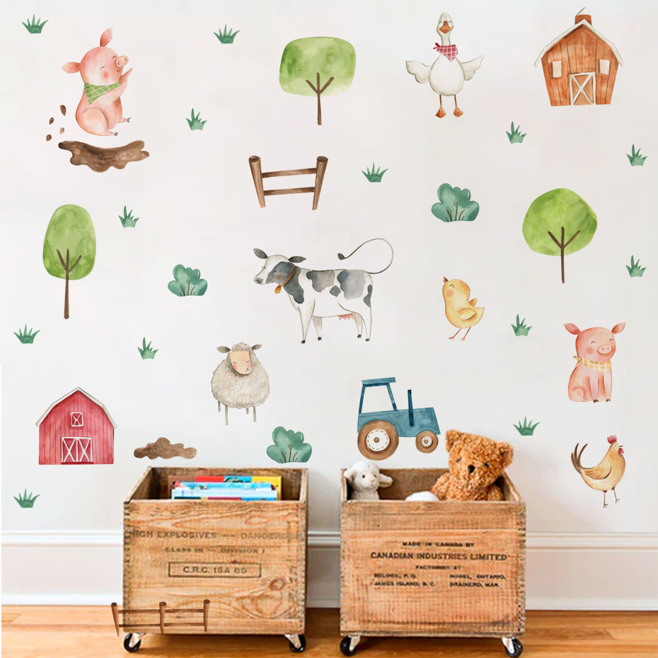 Baby Nursery Murals - Boho Watercolor Cute Farm Animals Pig