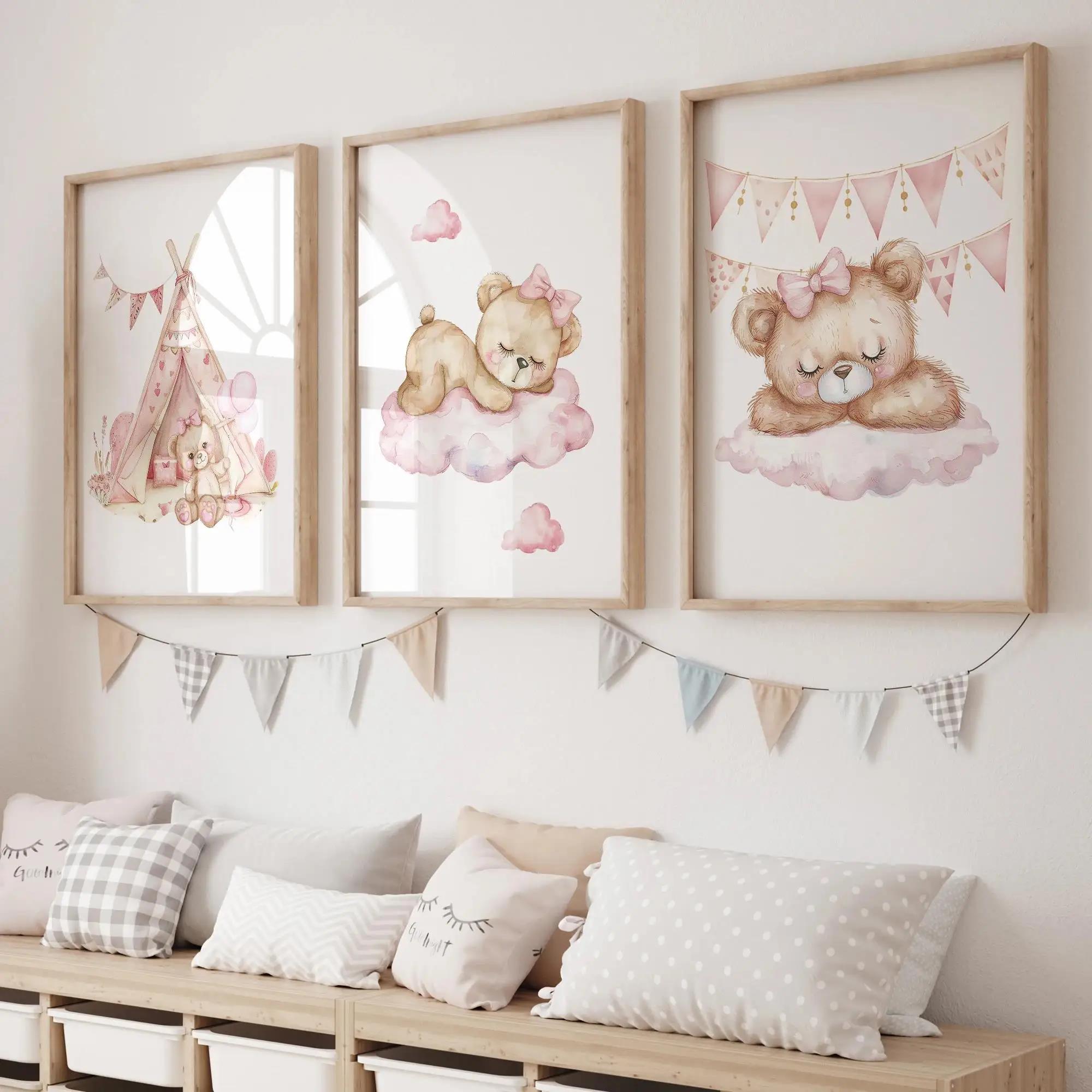 Baby Nursery Prints - Pink Dream Bear Carousel Tent Swing