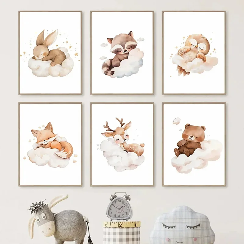Baby Nursery Murals - Cartoon Cloud Animal Canvas Painting Wall