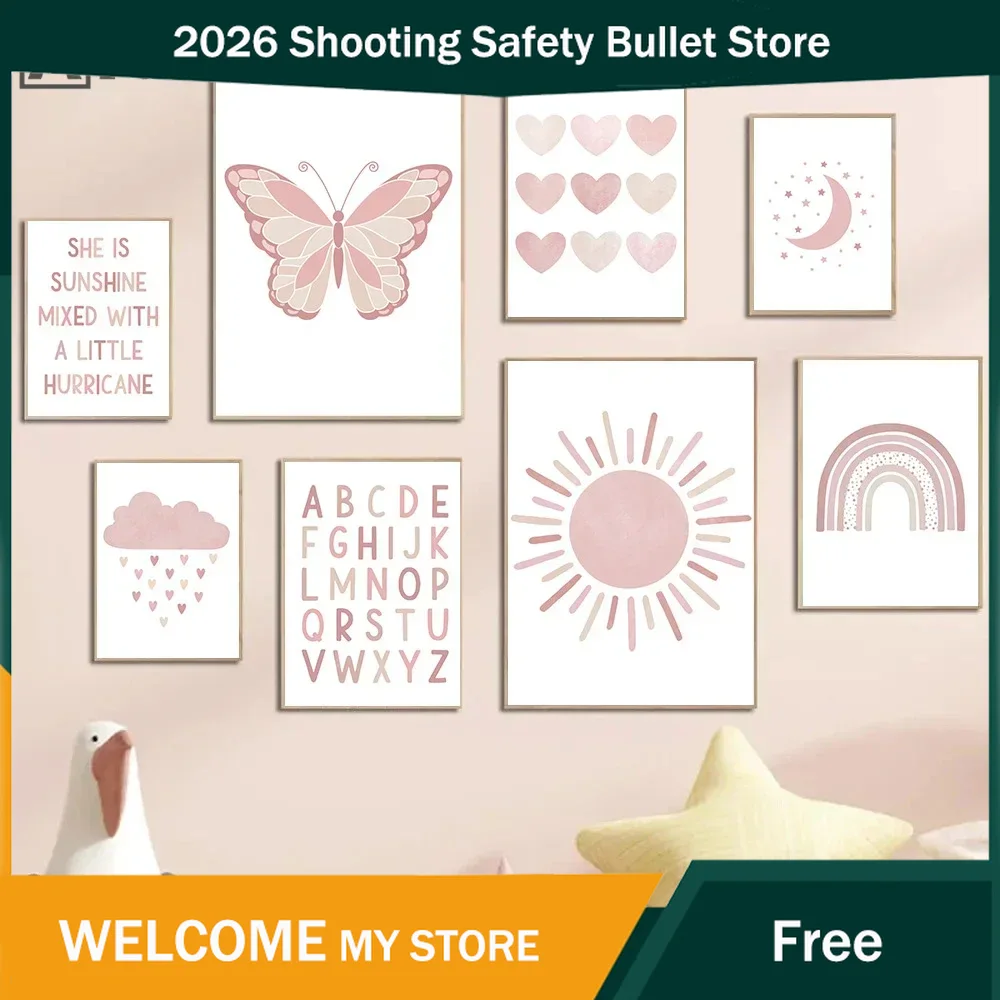 Baby Nursery Prints - Pink Sun Heart Rainbow Butterfly Posters