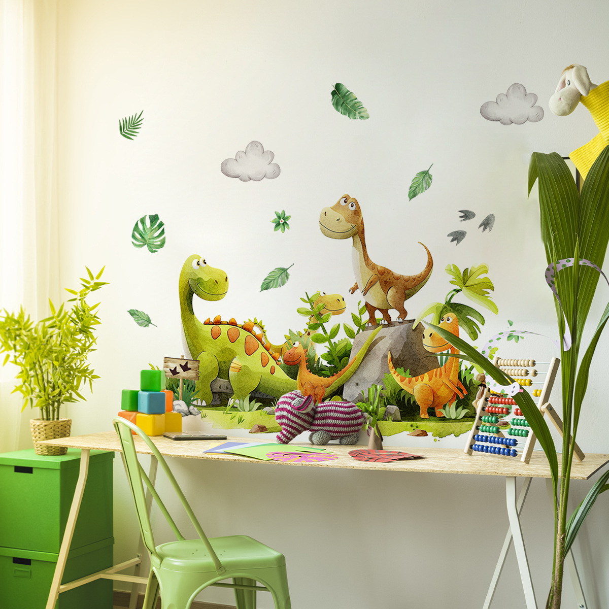Baby Nursery Green - Cartoon Dinosaur Wall Sticker Green Leaf