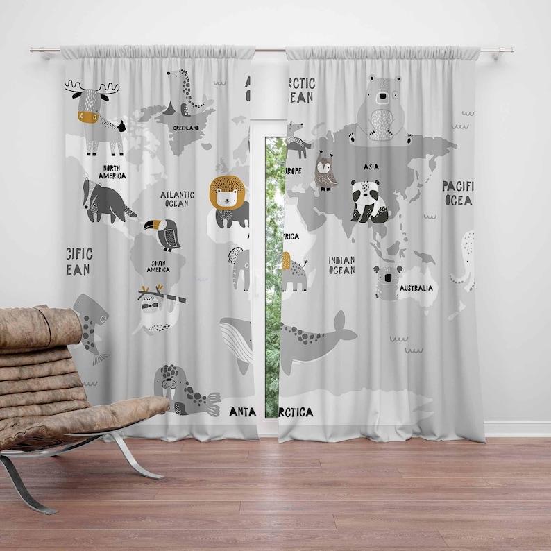Baby Nursery Blackout Curtains - World Map Nursery Curtains Safari Animals