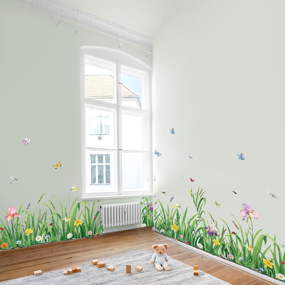 Baby Nursery Green - Green Grass Flowers Borader Wall Sticker