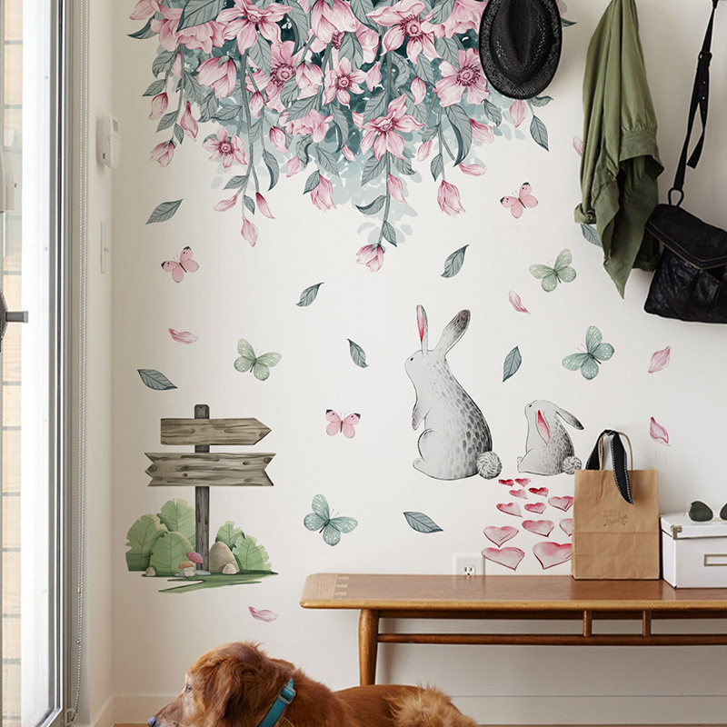Baby Nursery Green - Pink Flower Green Leaves Cute Rabbit