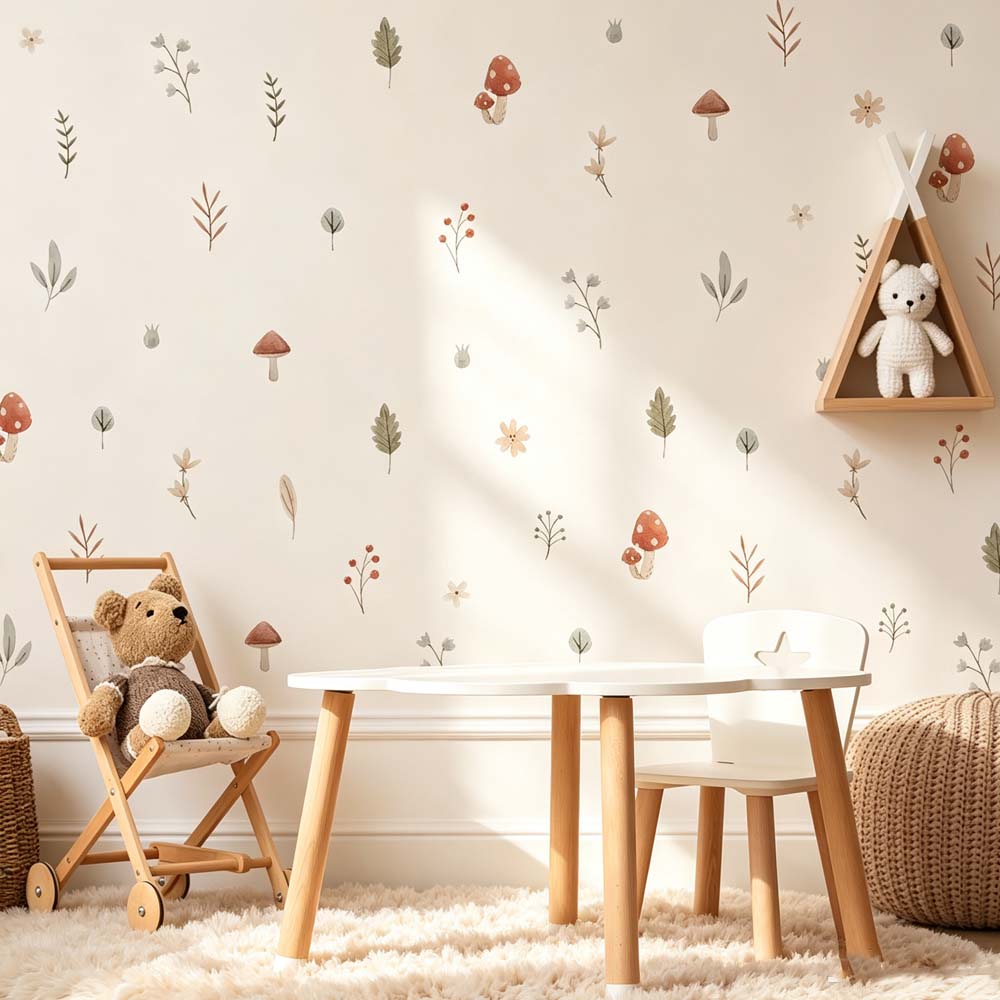 Baby Nursery Set Furniture - Boho Cartoon Mushroom Branch Leaves Flowers