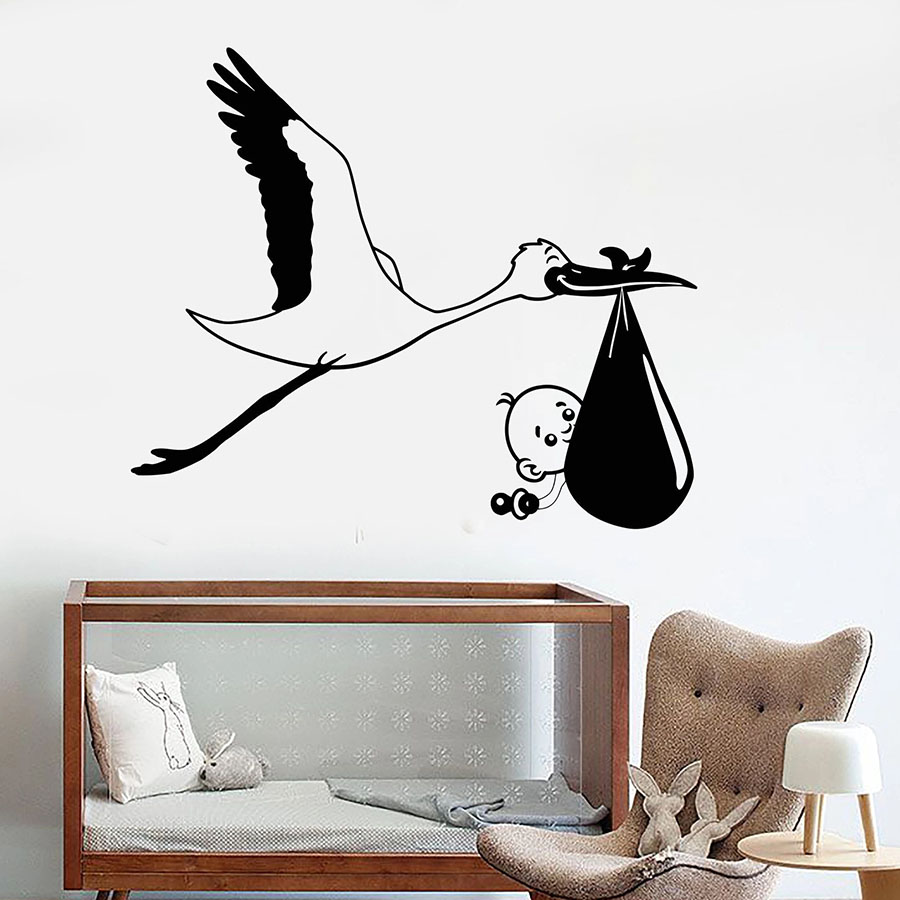 Baby Nursery Murals - Wall Decal Stork Baby Bird Nursery