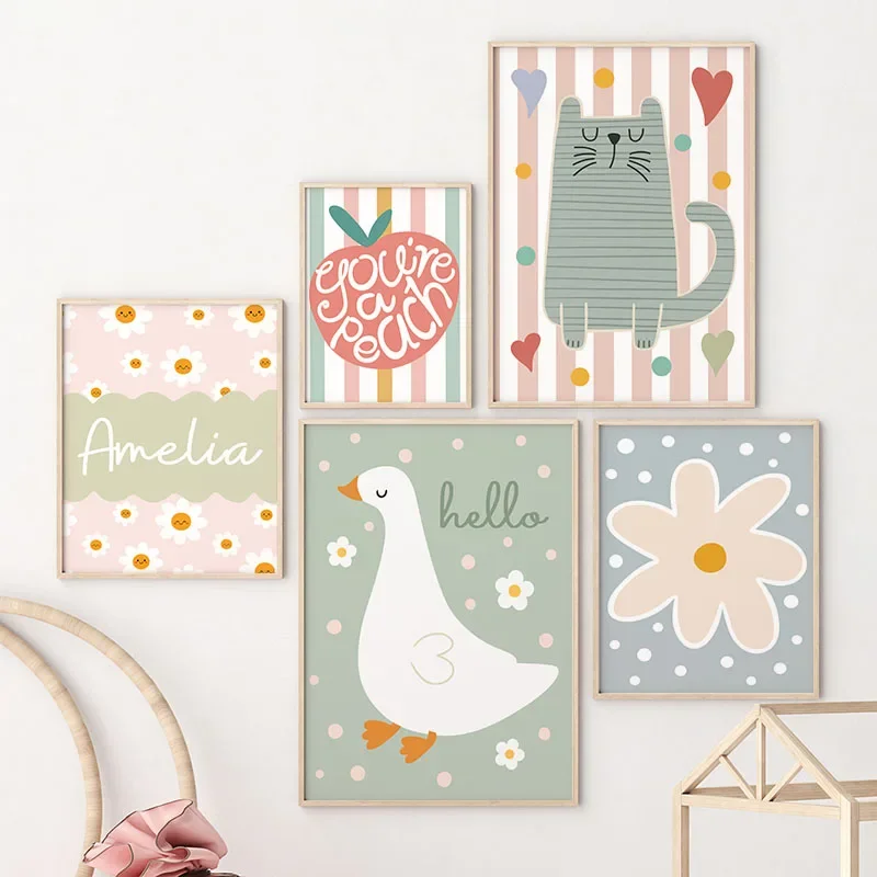 Baby Nursery Prints - Cartoon Cat Duck Bird Apple Custom