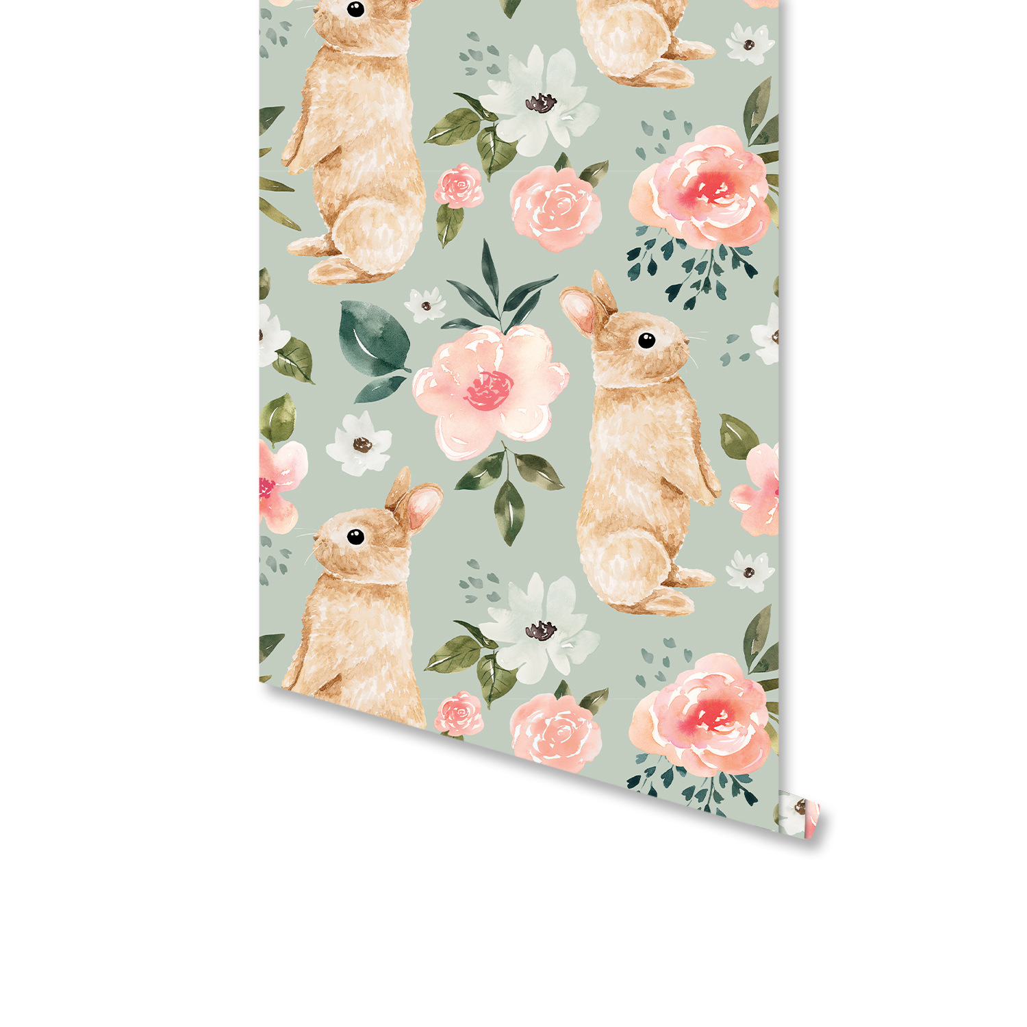 Baby Nursery Green - Sage Green Bunny Floral Wallpaper Rabbit