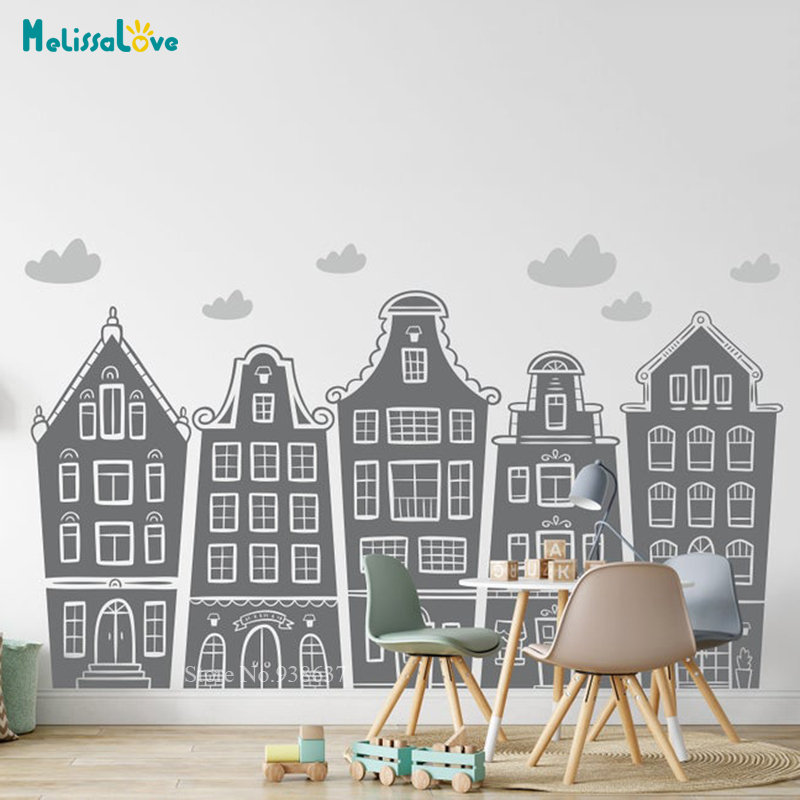 Baby Nursery Furniture - Scandinavian Houses & Clouds Decal Nursery