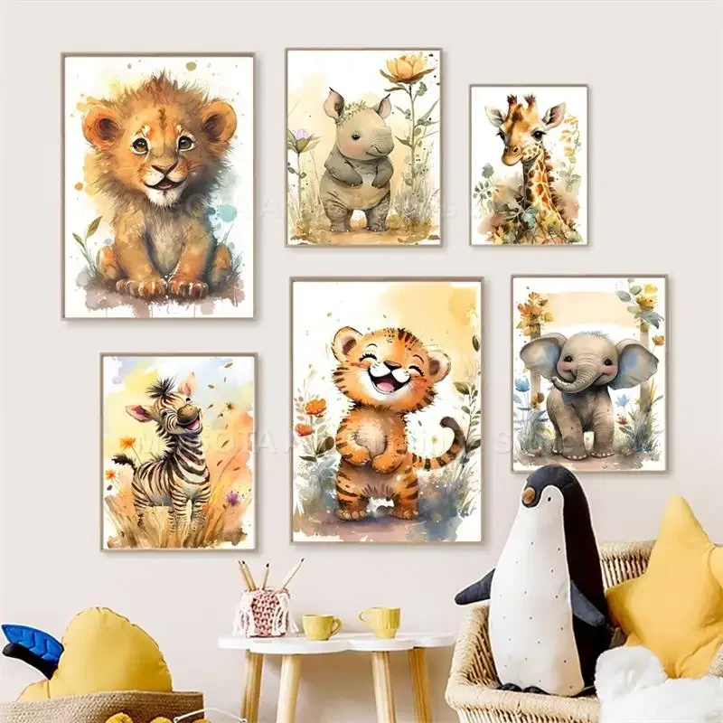 Baby Nursery Prints - Watercolor Lion Giraffe Tiger Elephant Zebra