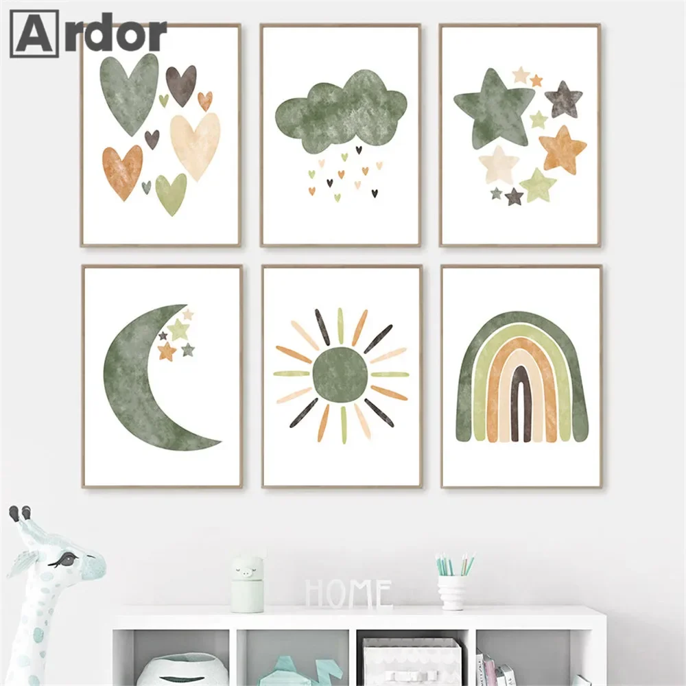Baby Nursery Green - Star Cloud Moon Posters And Prints