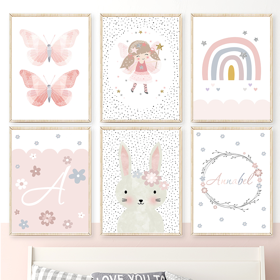 Baby Nursery Prints - Cute Girl Rabbit Flower Butterfly Rainbow